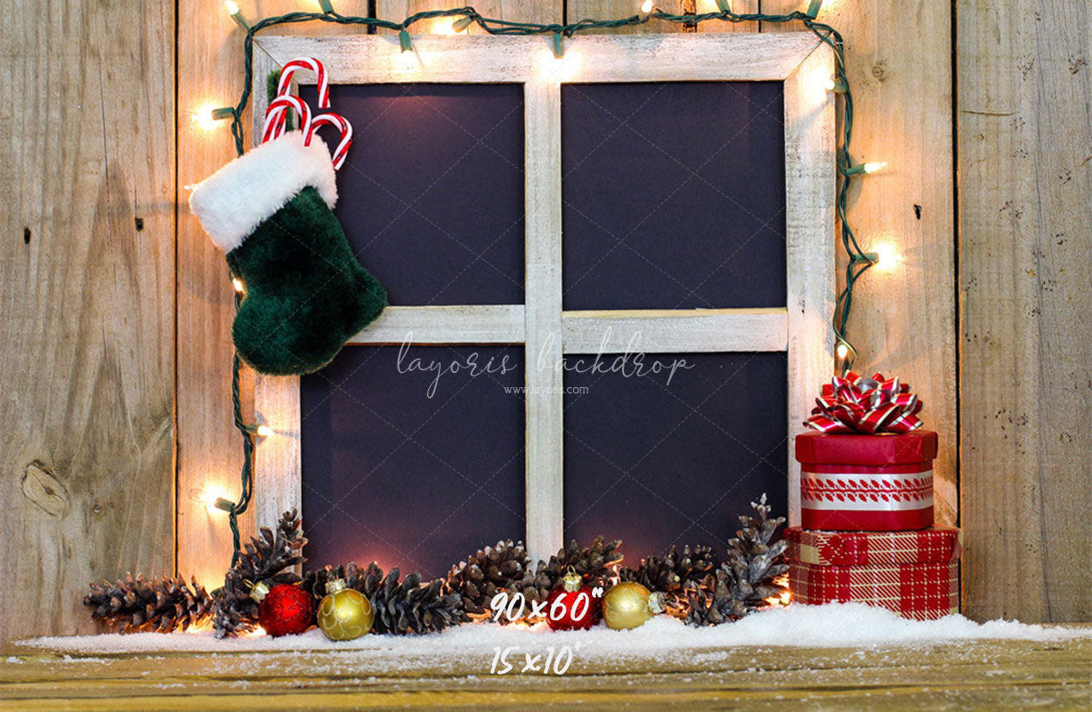 Wooden Window Sock Light String Christmas Backdrop - Layoris