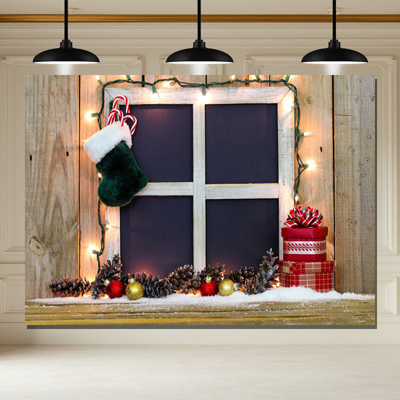 Layoris Wooden Window Sock Light String Christmas Backdrop