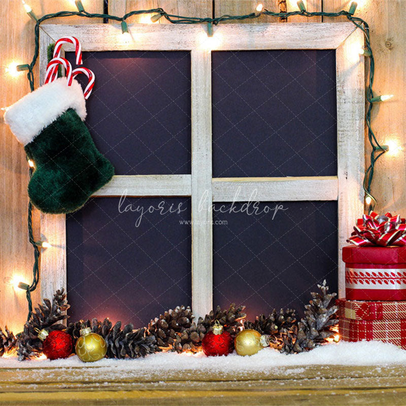 Wooden Window Sock Light String Christmas Backdrop - Layoris