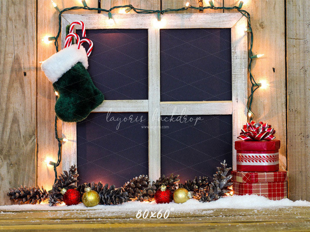 Wooden Window Sock Light String Christmas Backdrop - Layoris