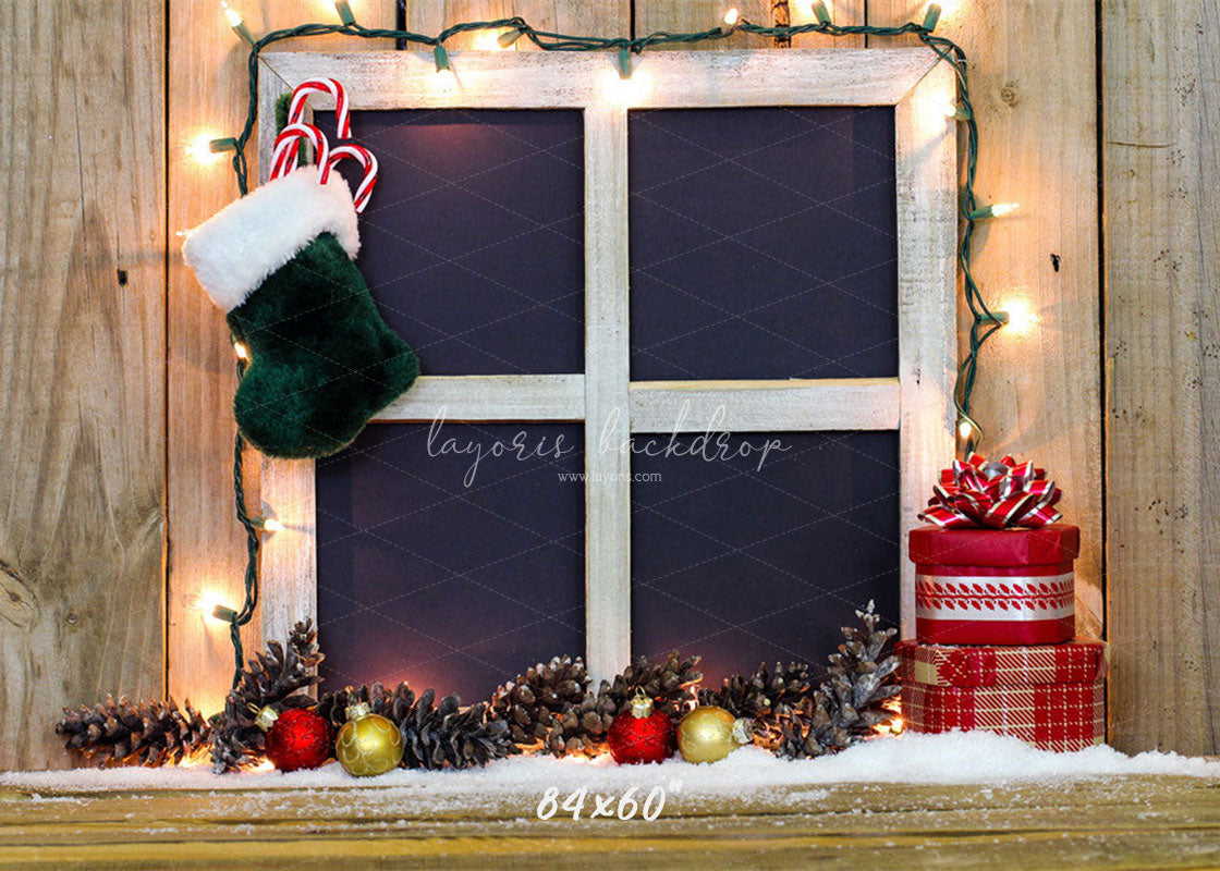 Wooden Window Sock Light String Christmas Backdrop - Layoris