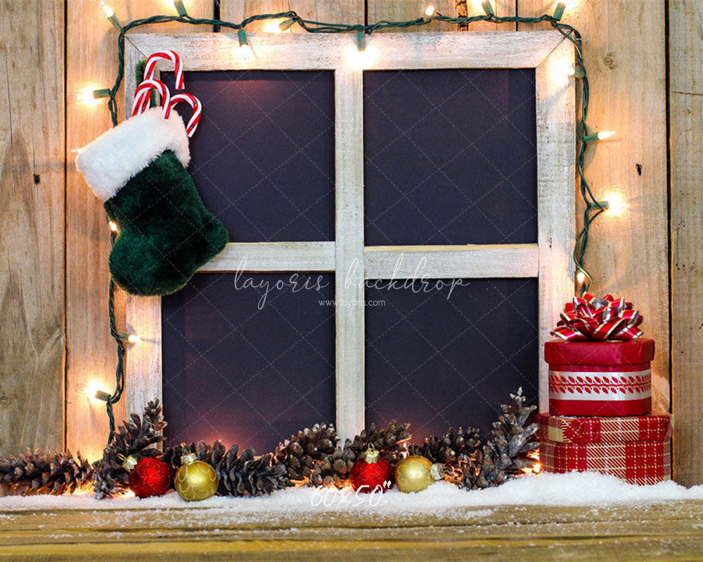 Wooden Window Sock Light String Christmas Backdrop - Layoris