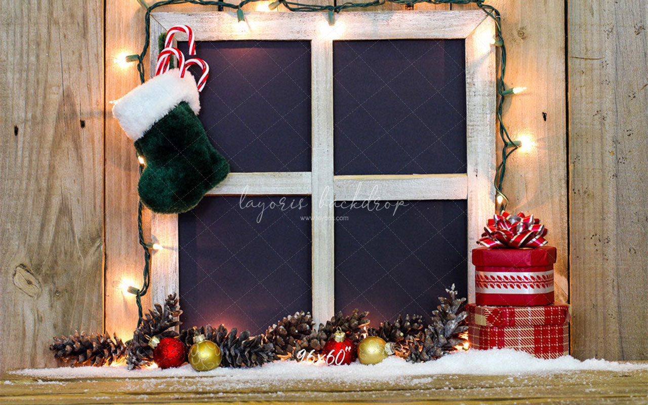 Wooden Window Sock Light String Christmas Backdrop - Layoris