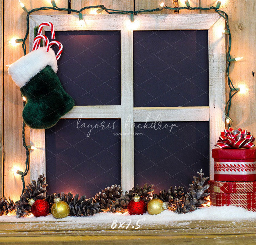 Wooden Window Sock Light String Christmas Backdrop - Layoris