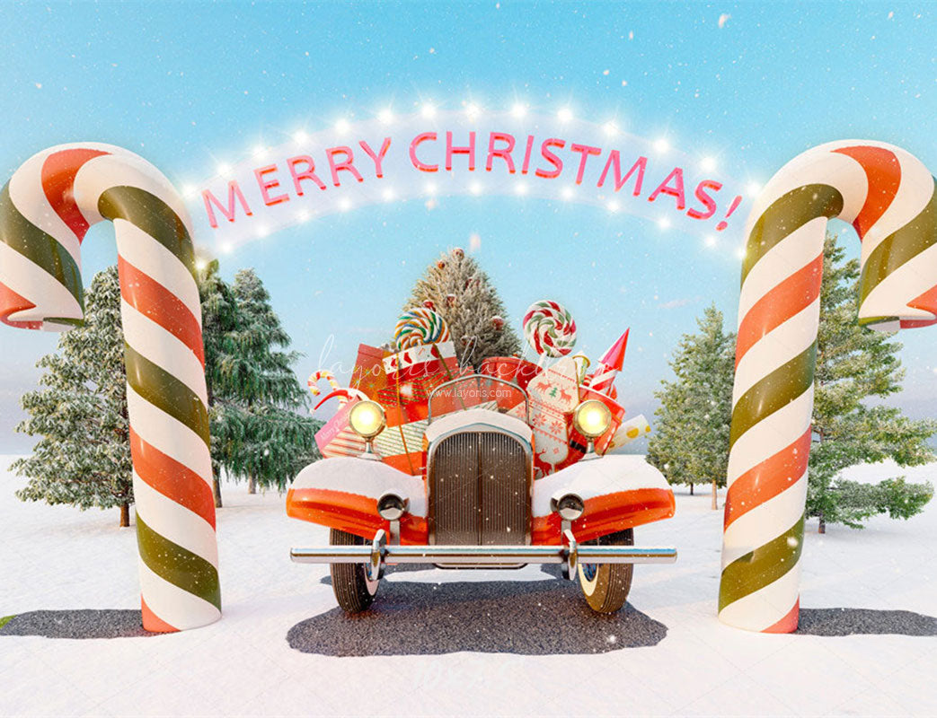 Candy Cane Pickup Merry Christmas Backdrop - Layoris