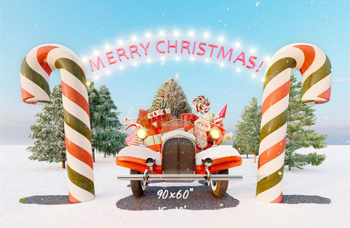 Candy Cane Pickup Merry Christmas Backdrop - Layoris