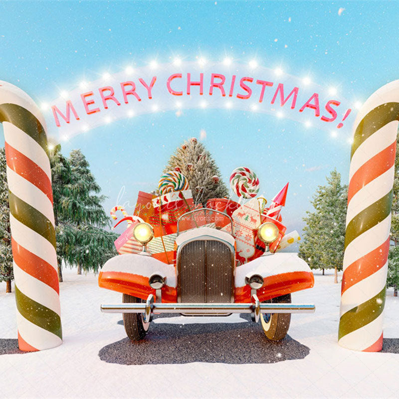 Candy Cane Pickup Merry Christmas Backdrop - Layoris