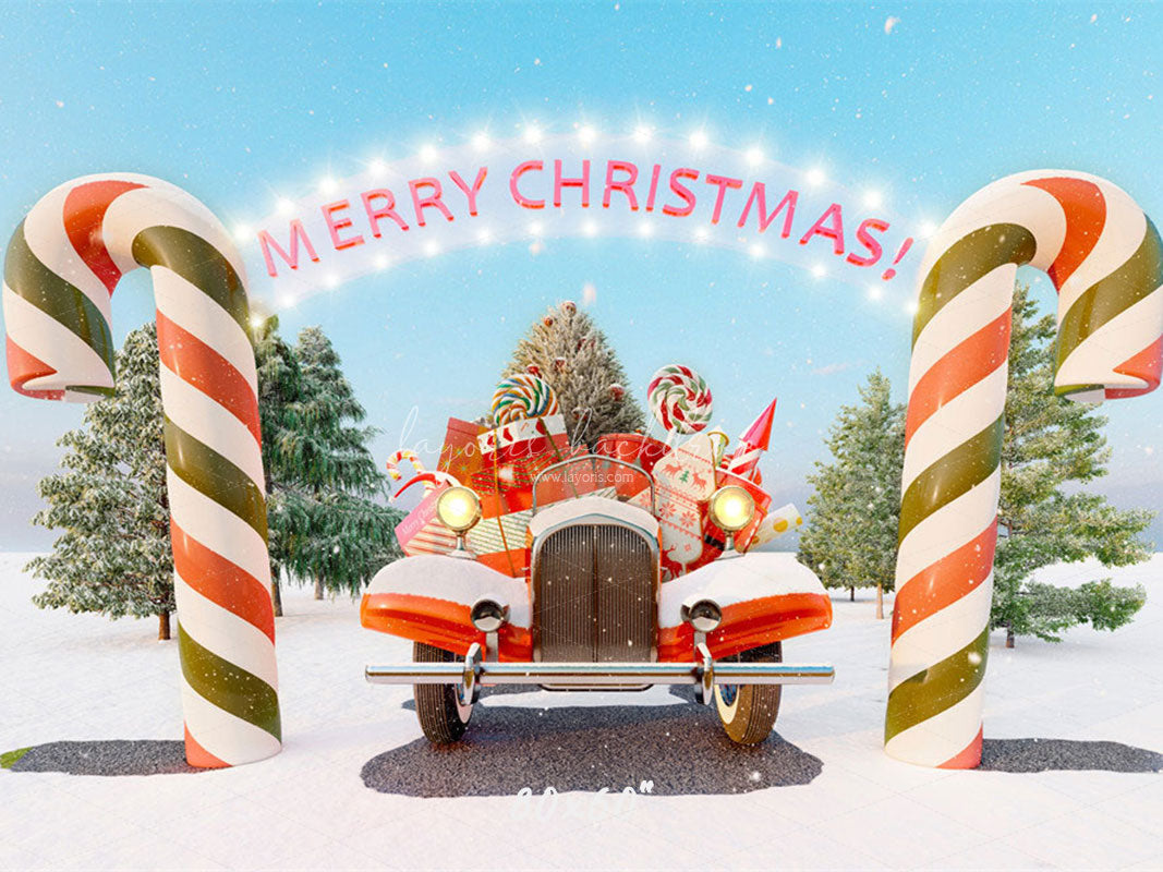 Candy Cane Pickup Merry Christmas Backdrop - Layoris