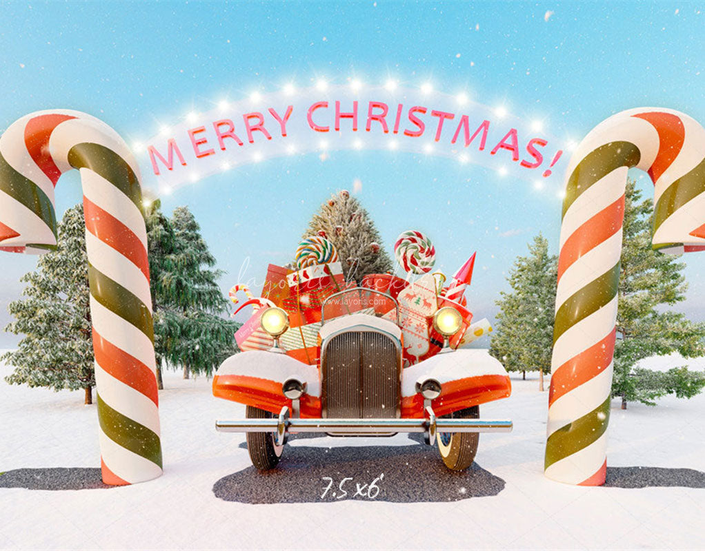 Candy Cane Pickup Merry Christmas Backdrop - Layoris