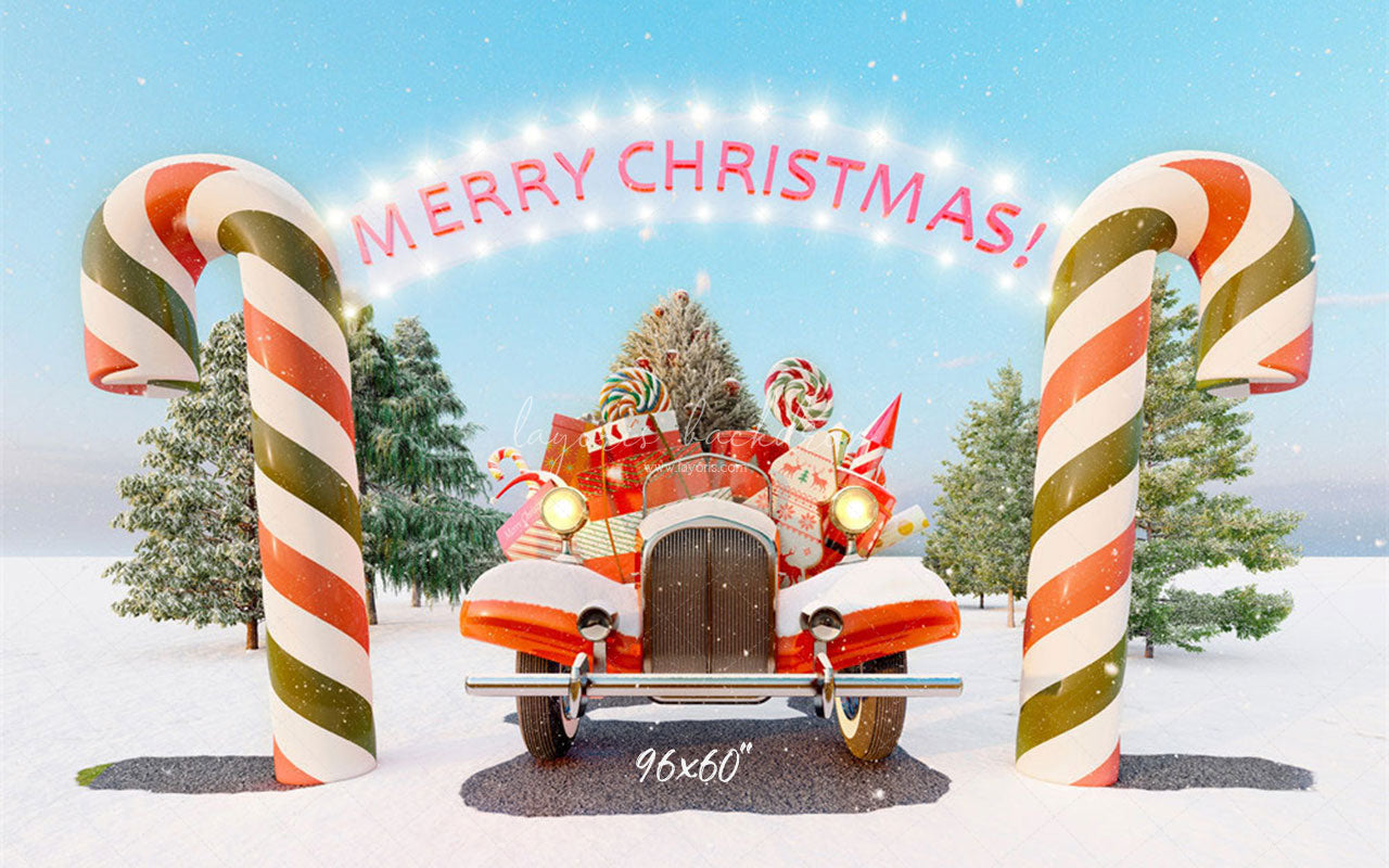 Candy Cane Pickup Merry Christmas Backdrop - Layoris
