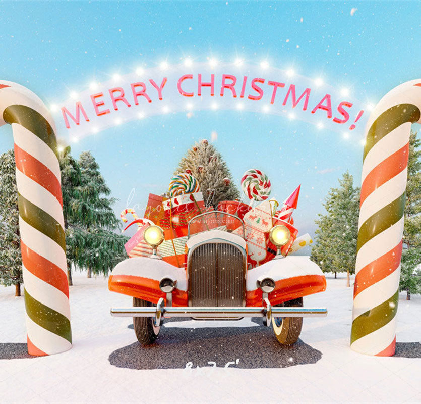 Candy Cane Pickup Merry Christmas Backdrop - Layoris
