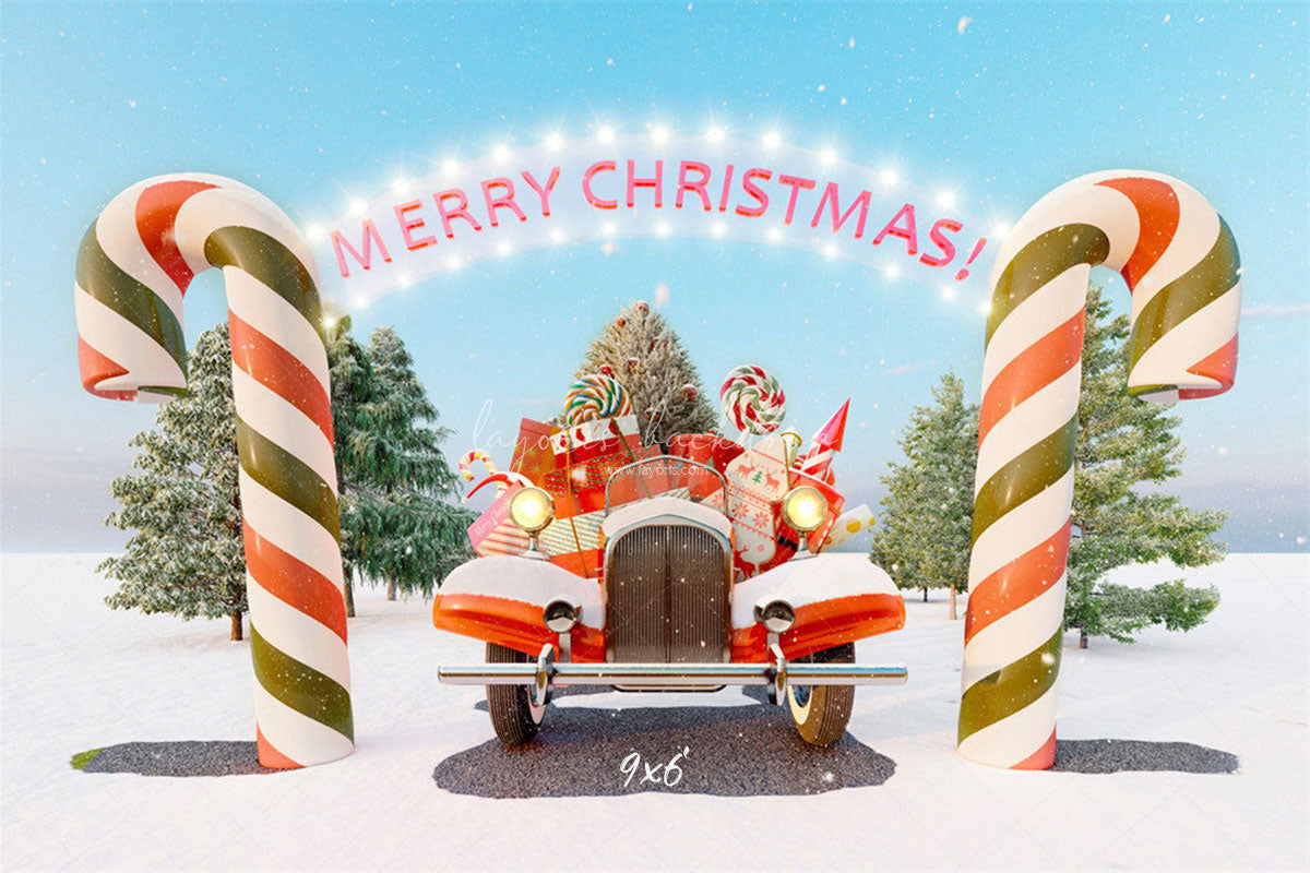 Candy Cane Pickup Merry Christmas Backdrop - Layoris