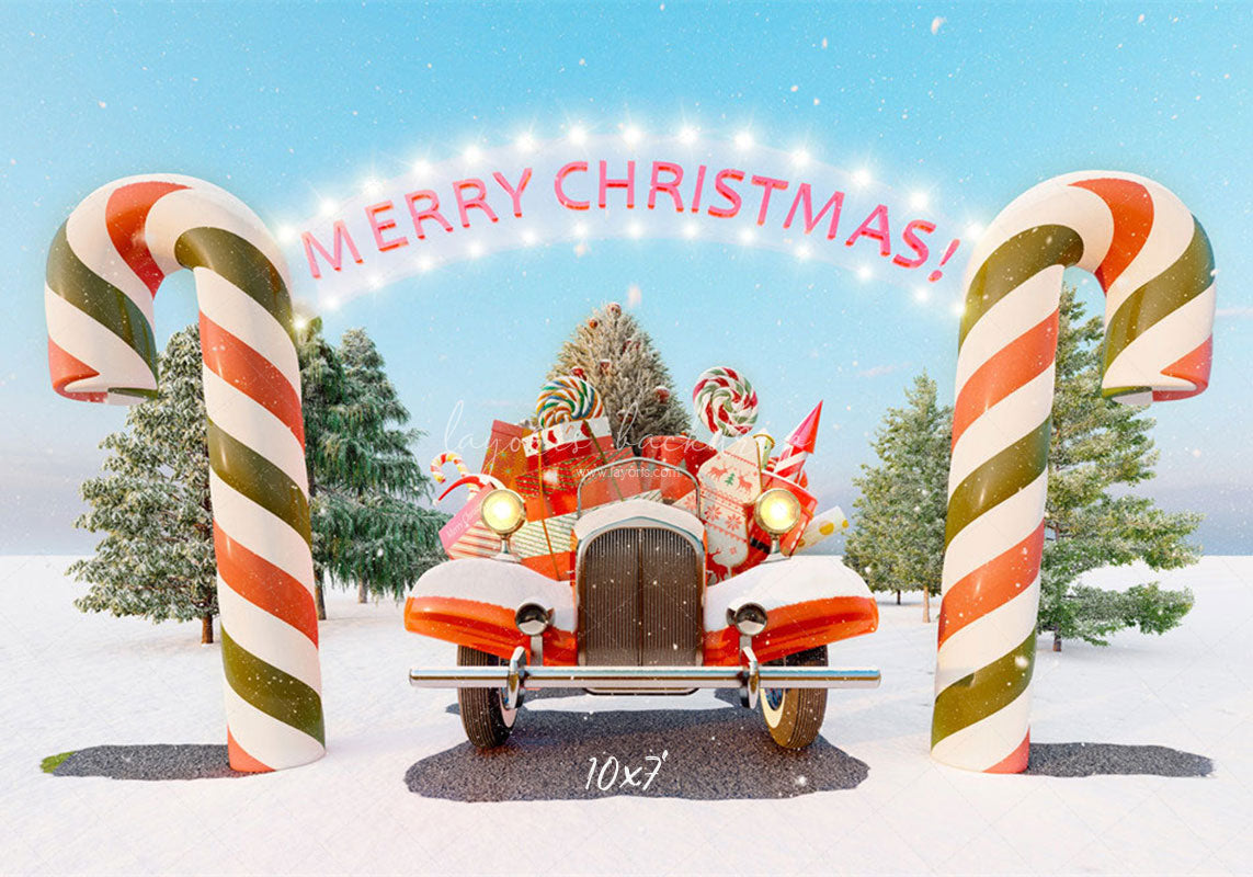 Candy Cane Pickup Merry Christmas Backdrop - Layoris