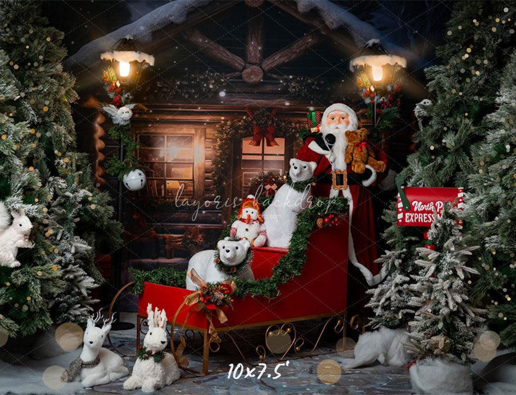 Wooden House Santa Claus Bear Christmas Backdrop - Layoris