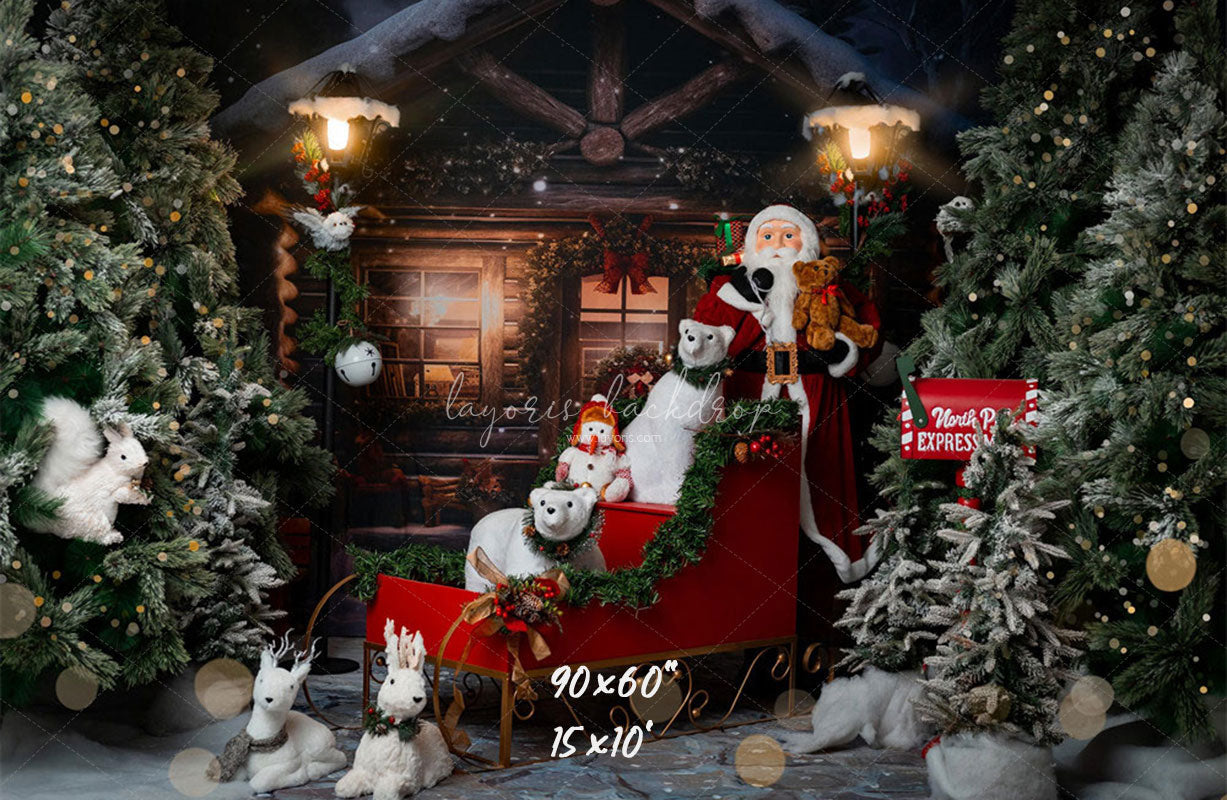 Wooden House Santa Claus Bear Christmas Backdrop - Layoris