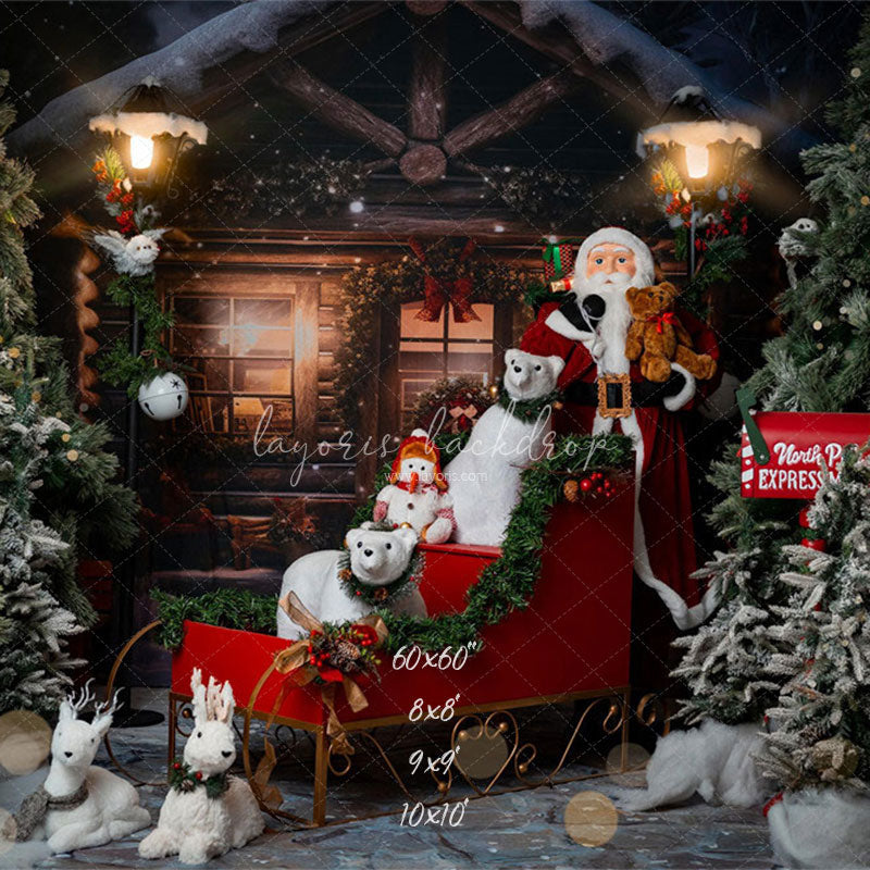 Wooden House Santa Claus Bear Christmas Backdrop - Layoris