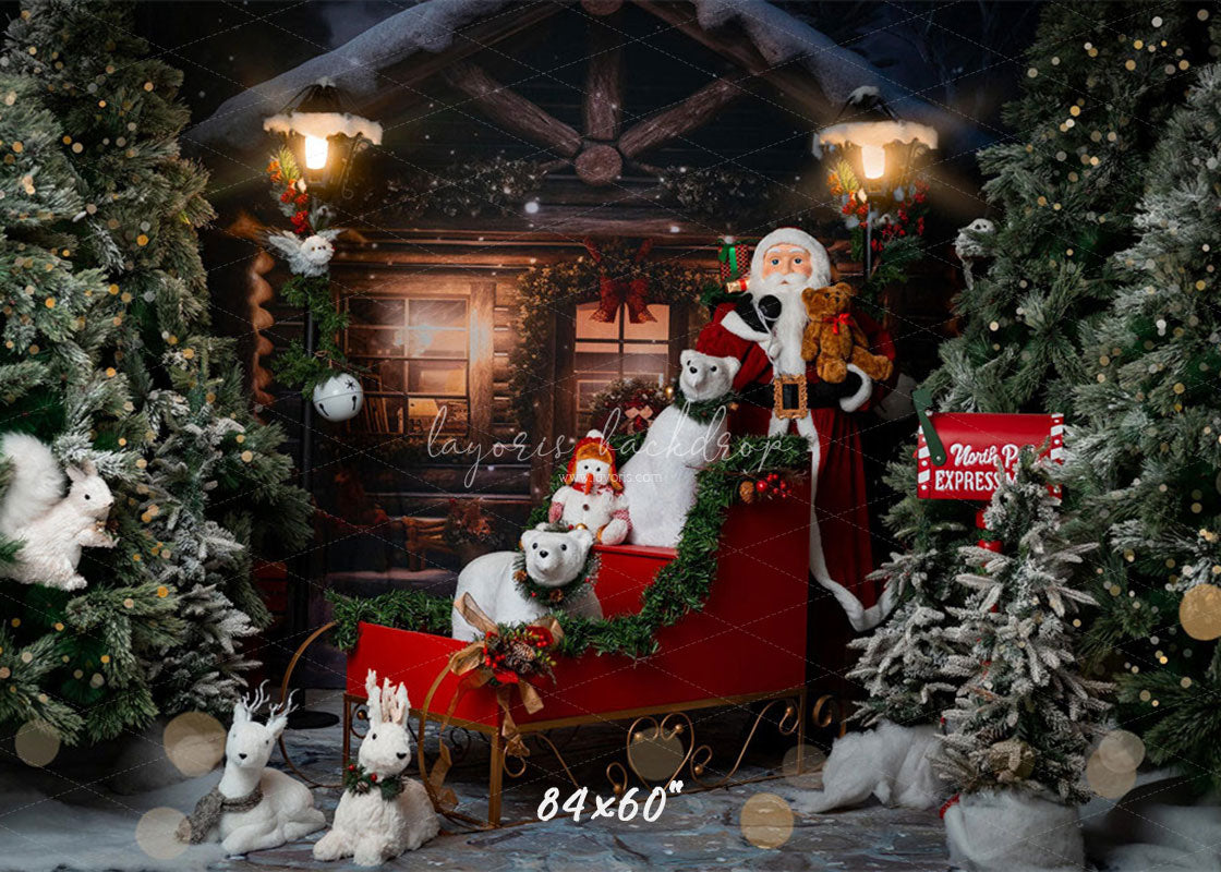 Wooden House Santa Claus Bear Christmas Backdrop - Layoris