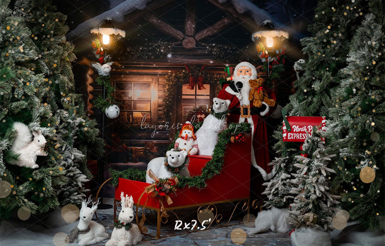 Wooden House Santa Claus Bear Christmas Backdrop - Layoris