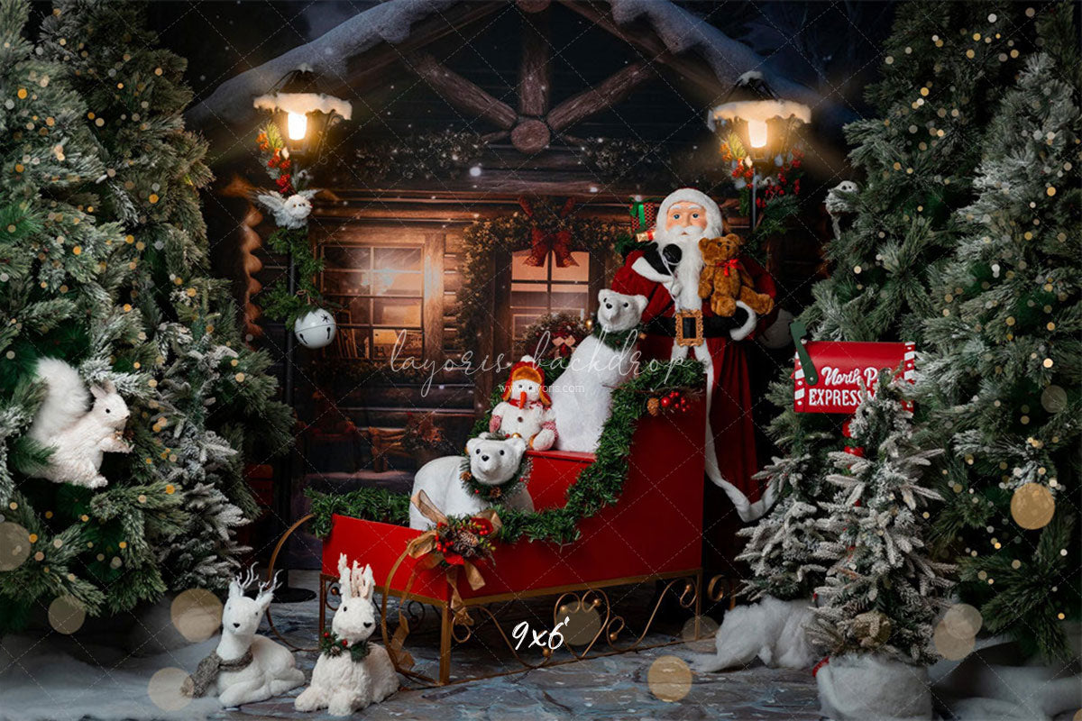 Wooden House Santa Claus Bear Christmas Backdrop - Layoris
