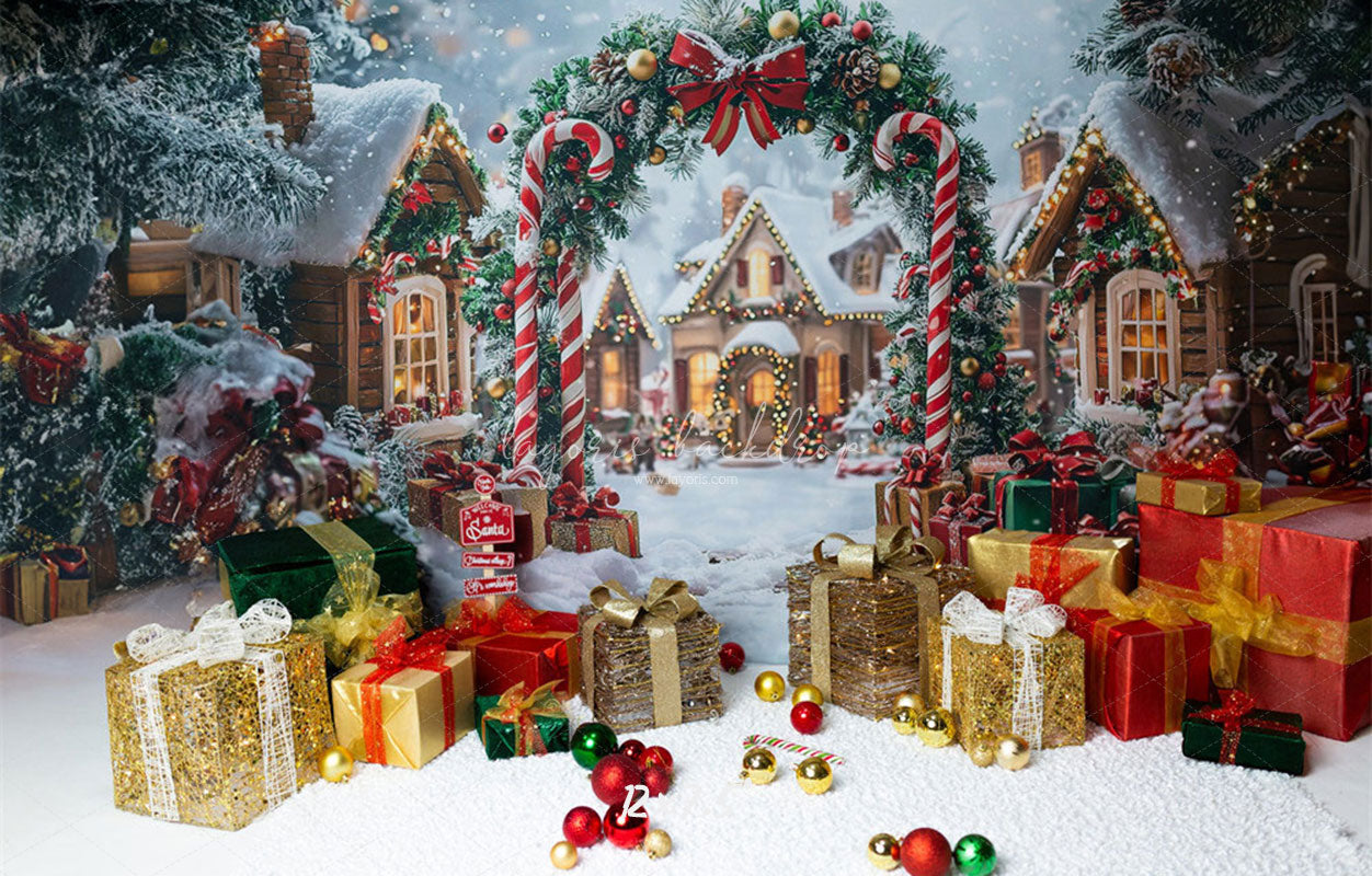 Candy Cane Arch Gift Box Christmas Backdrop - Layoris