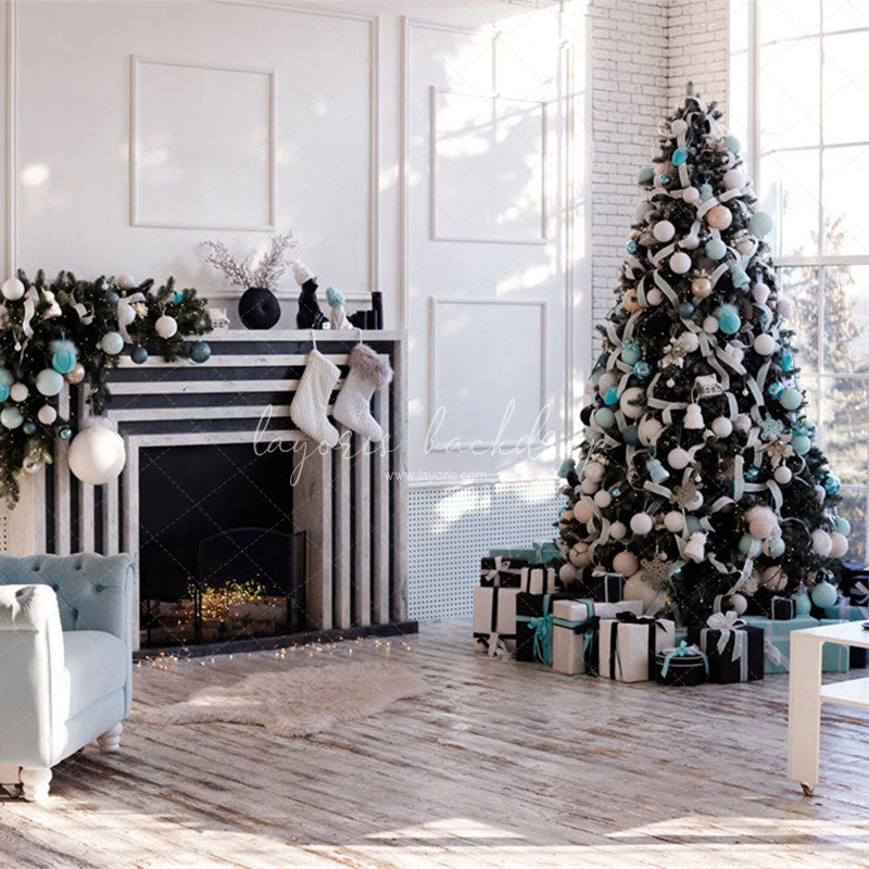 White Wall Window Fireplace Christmas Backdrop - Layoris