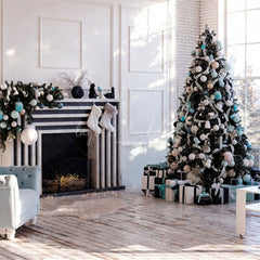 White Wall Window Fireplace Christmas Backdrop - Layoris