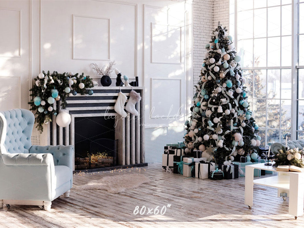 White Wall Window Fireplace Christmas Backdrop - Layoris