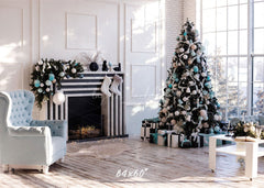 White Wall Window Fireplace Christmas Backdrop - Layoris
