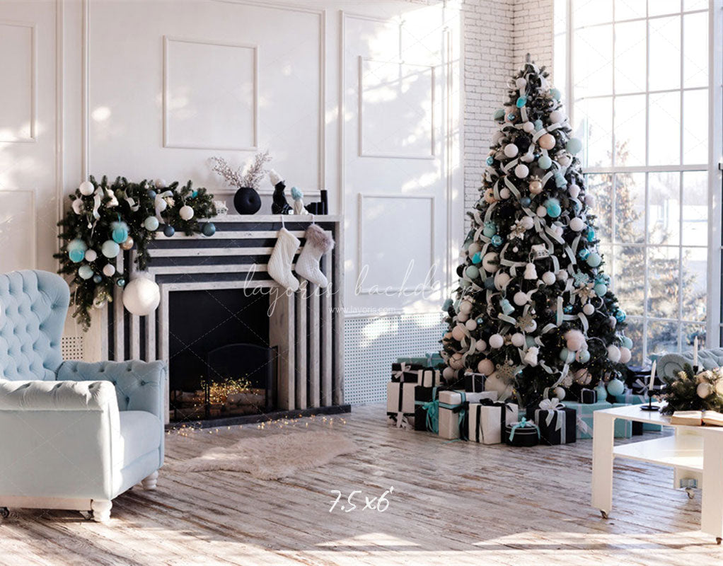 White Wall Window Fireplace Christmas Backdrop - Layoris