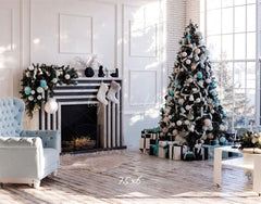 White Wall Window Fireplace Christmas Backdrop - Layoris