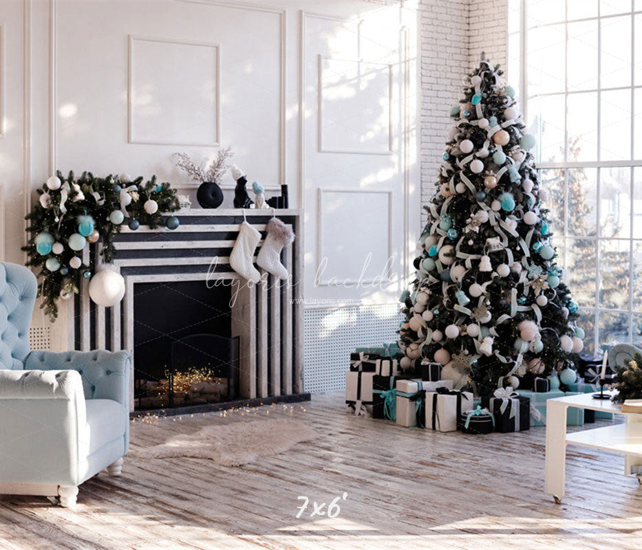 White Wall Window Fireplace Christmas Backdrop - Layoris
