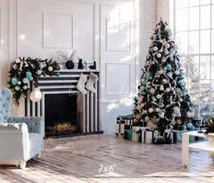 White Wall Window Fireplace Christmas Backdrop - Layoris