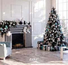 White Wall Window Fireplace Christmas Backdrop - Layoris