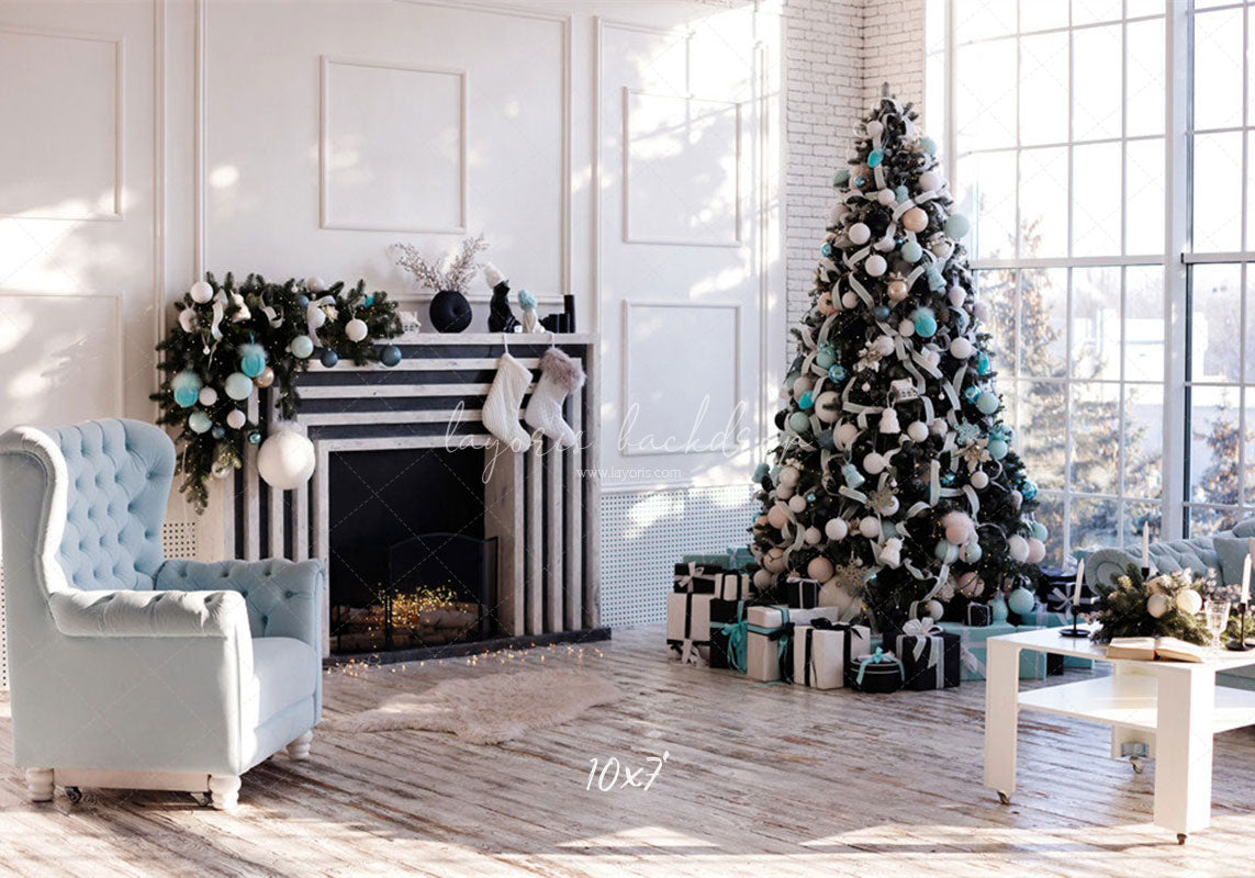 White Wall Window Fireplace Christmas Backdrop - Layoris