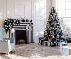 White Wall Window Fireplace Christmas Backdrop - Layoris