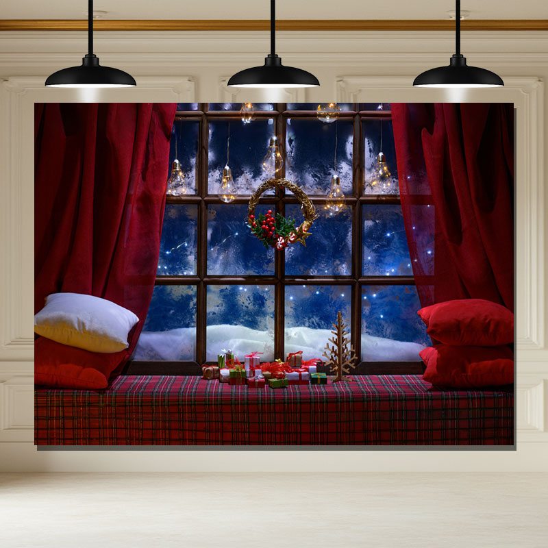 Layoris Window Red Curtain Christmas Party Backdrop