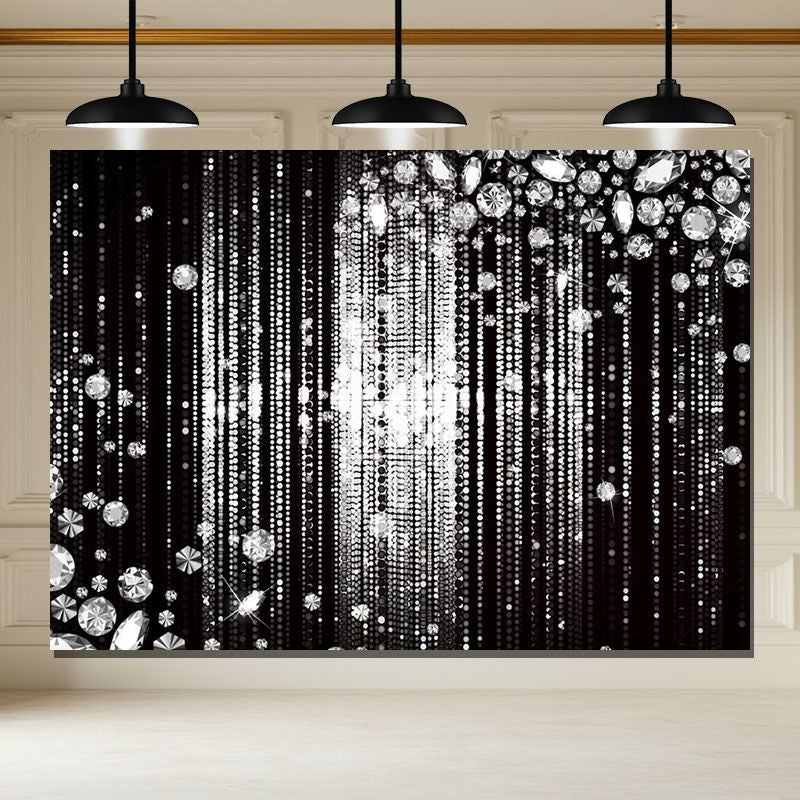 Layoris Silver Glitter Diamonds Black Birthday Backdrop