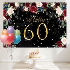 Layoris Hello 60 Elegant Floral Black And Gold Birthday Backdrop
