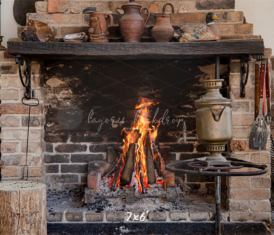 Vintage Brick Stove Winter Christmas Backdrop - Layoris