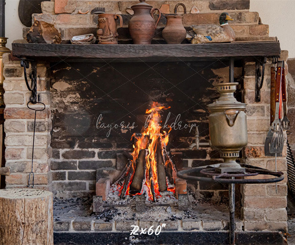 Vintage Brick Stove Winter Christmas Backdrop - Layoris