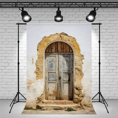 Old Arched Wooden Door In Earthen Wall Backdrop - Layoris
