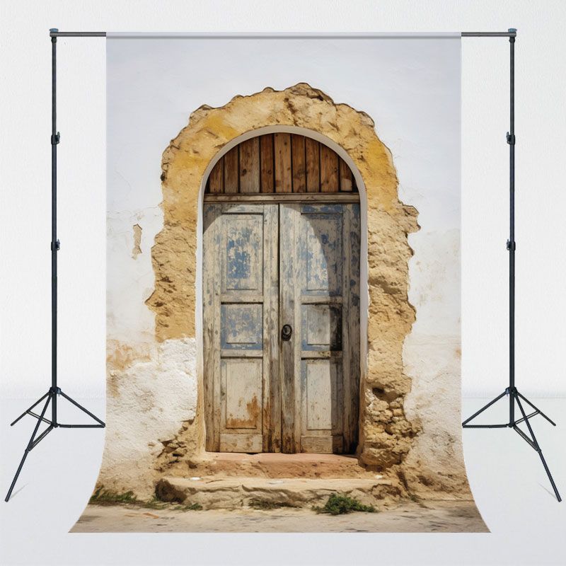 Old Arched Wooden Door In Earthen Wall Backdrop - Layoris