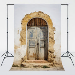 Old Arched Wooden Door In Earthen Wall Backdrop - Layoris