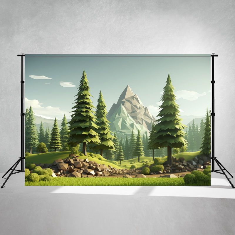 Cartoon Mountain Pine Forest Photo Backdrop - Layoris