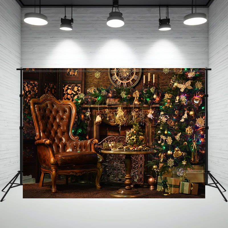 Retro Chair Fireplace Christmas Photo Backdrop - Layoris