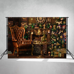 Retro Chair Fireplace Christmas Photo Backdrop - Layoris