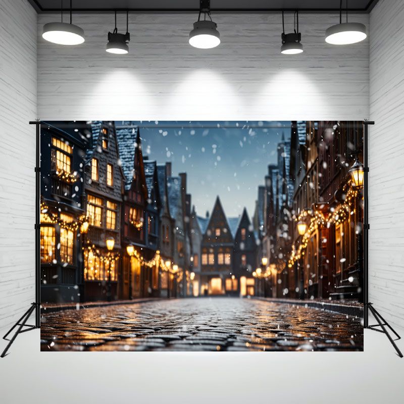 Snowy Town Streets At Night Photo Backdrop - Layoris