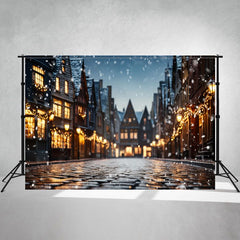 Snowy Town Streets At Night Photo Backdrop - Layoris