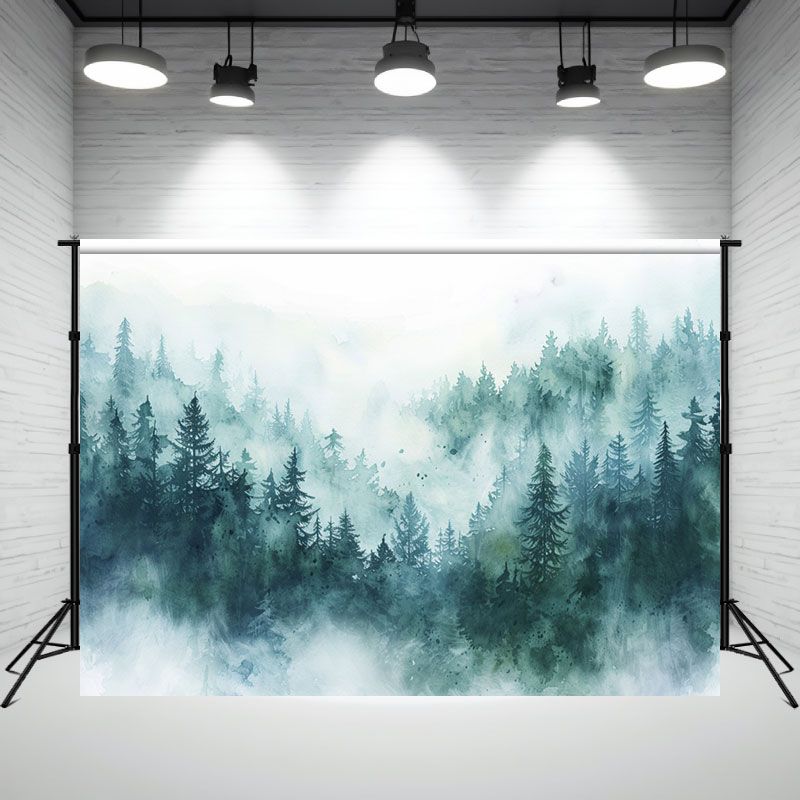 Blue Green Ink Style Forest Photo Backdrop - Layoris