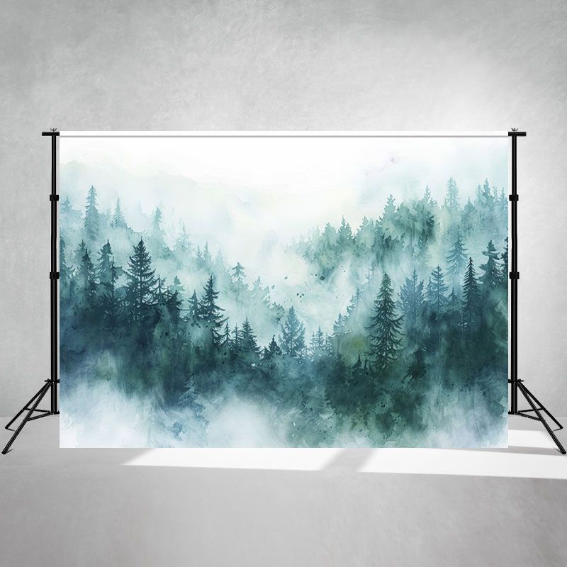 Blue Green Ink Style Forest Photo Backdrop - Layoris
